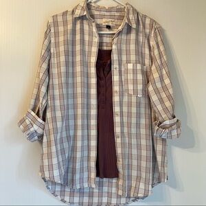 Oversized XS Plaid Button Shirt + Tank S Set Cream Plum Lightweight Layered Look